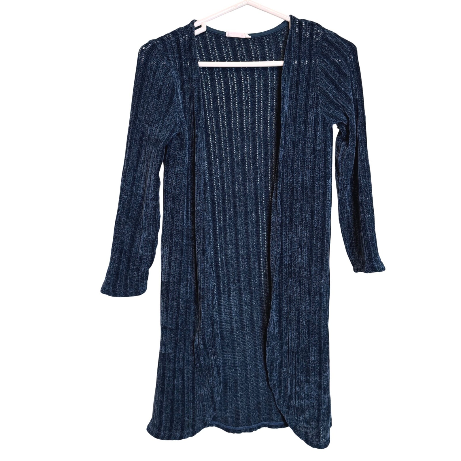 Knit Works Girls Navy Blue Chenille Pointelle Open Front Duster Cardigan Xl 16